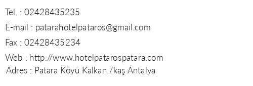 Hotel Pataros telefon numaralar, faks, e-mail, posta adresi ve iletiim bilgileri